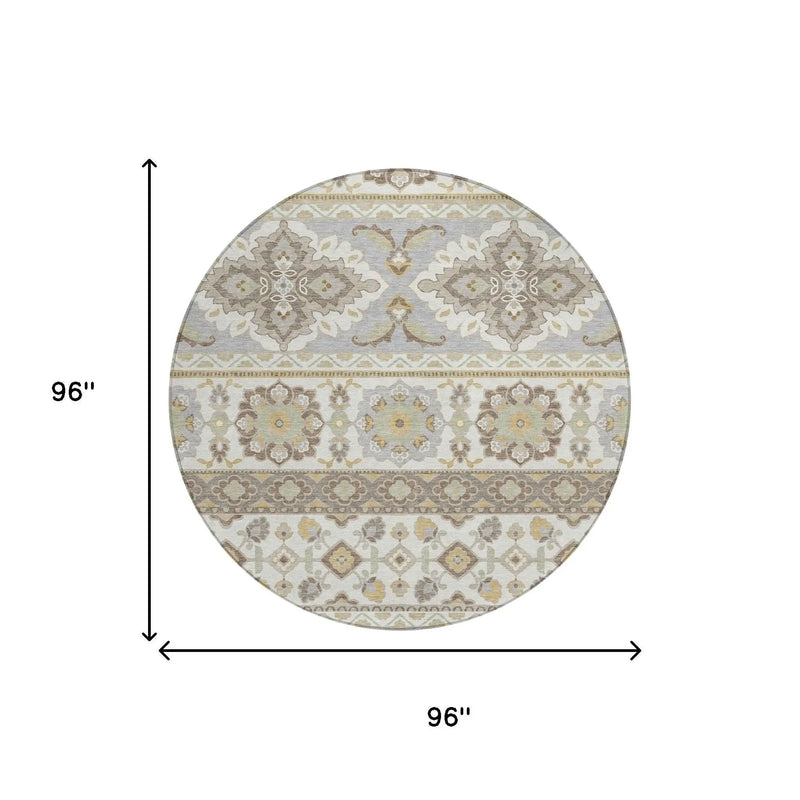 8' Ivory And Silver Round Tribal Washable Indoor Outdoor Area Rug Homeroots Outdoor