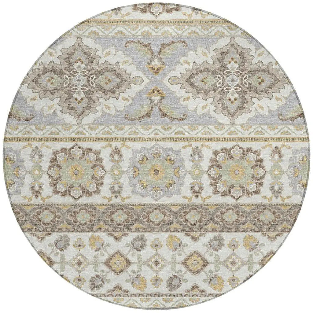 8' Ivory And Silver Round Tribal Washable Indoor Outdoor Area Rug Homeroots Outdoor
