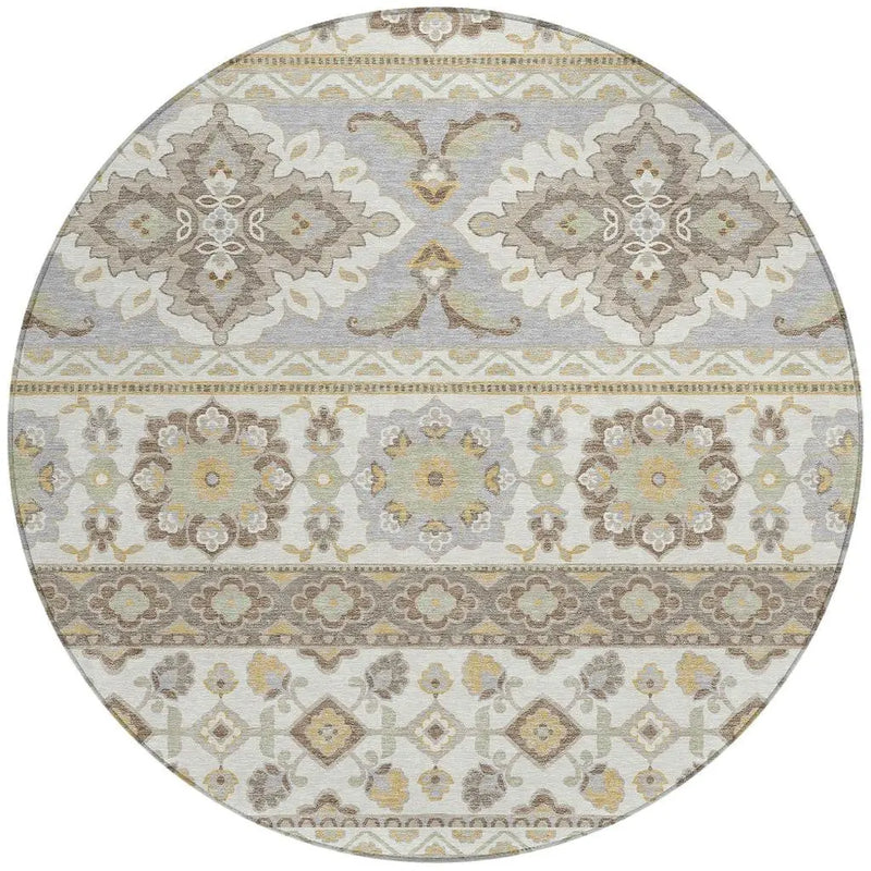 8' Ivory And Silver Round Tribal Washable Indoor Outdoor Area Rug Homeroots Outdoor