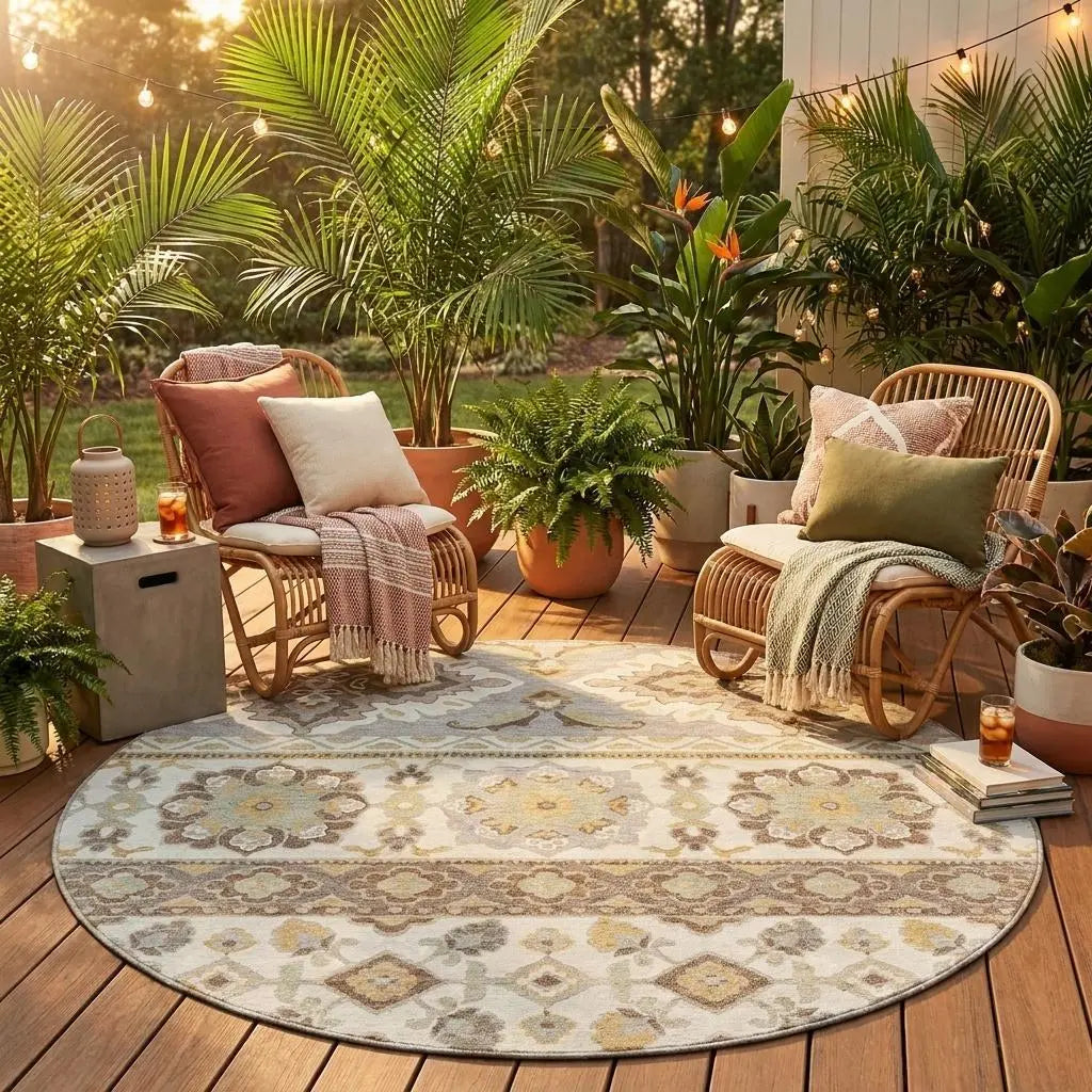 8' Ivory And Silver Round Tribal Washable Indoor Outdoor Area Rug Homeroots Outdoor
