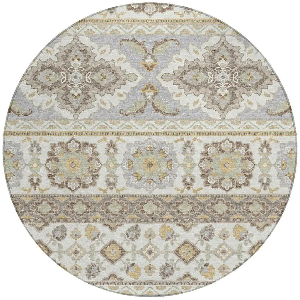 8' Ivory And Silver Round Tribal Washable Indoor Outdoor Area Rug Homeroots Outdoor