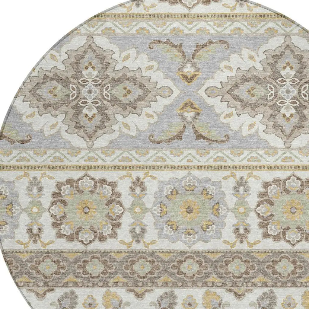8' Ivory And Silver Round Tribal Washable Indoor Outdoor Area Rug Homeroots Outdoor