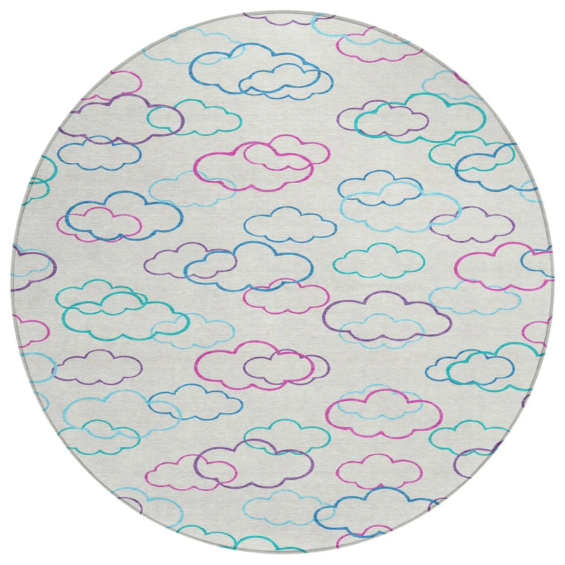 8' Ivory And Sky Blue Round Abstract Washable Indoor Outdoor Area Rug Homeroots Outdoor