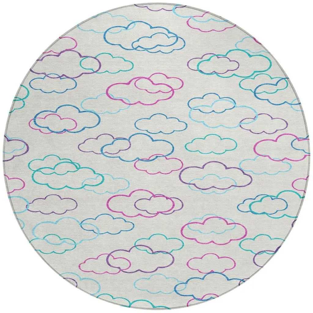 8' Ivory And Sky Blue Round Abstract Washable Indoor Outdoor Area Rug Homeroots Outdoor