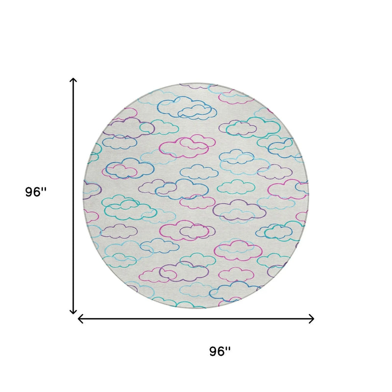8' Ivory And Sky Blue Round Abstract Washable Indoor Outdoor Area Rug Homeroots Outdoor