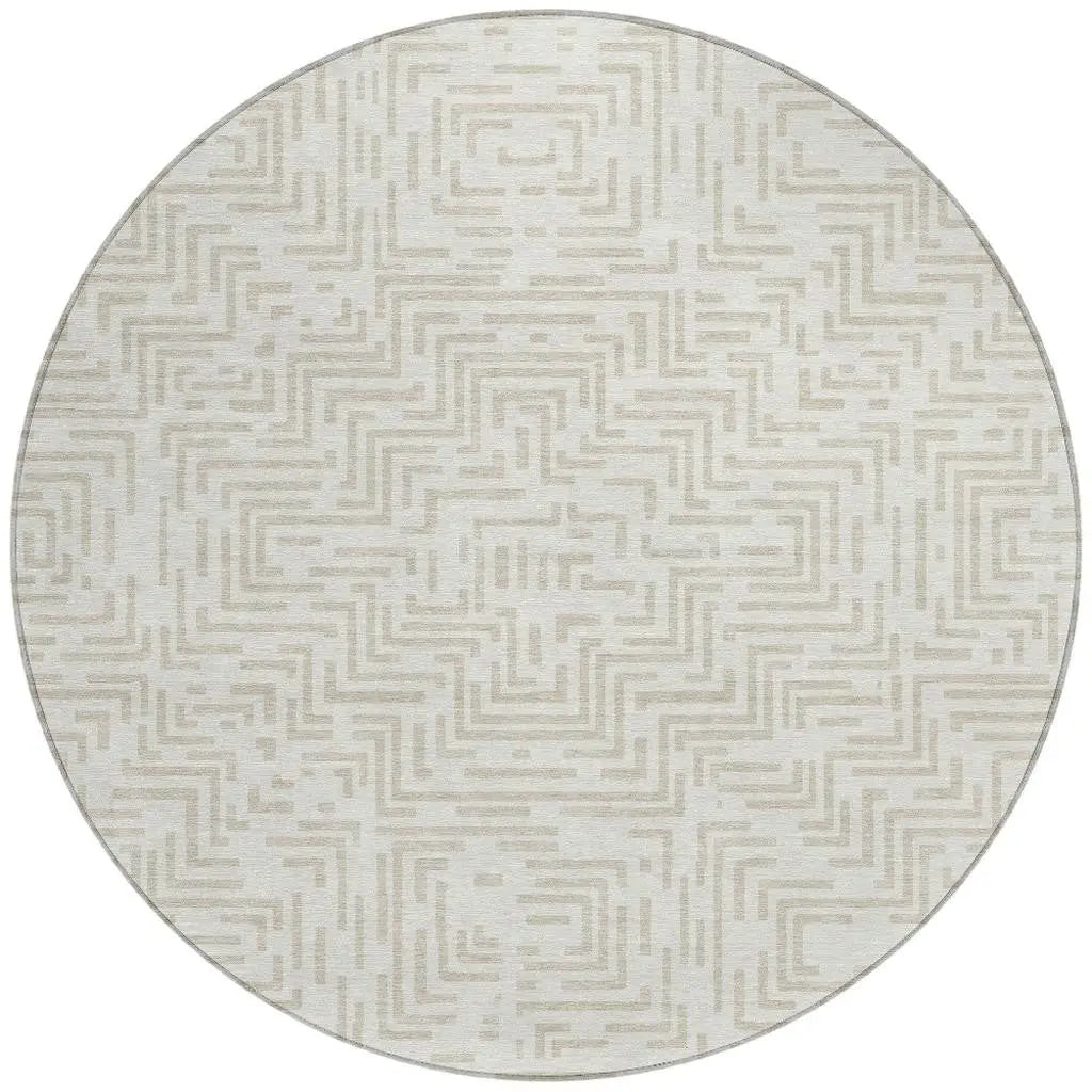 8' Ivory And Sky Blue Round Geometric Washable Indoor Outdoor Area Rug Homeroots Outdoor
