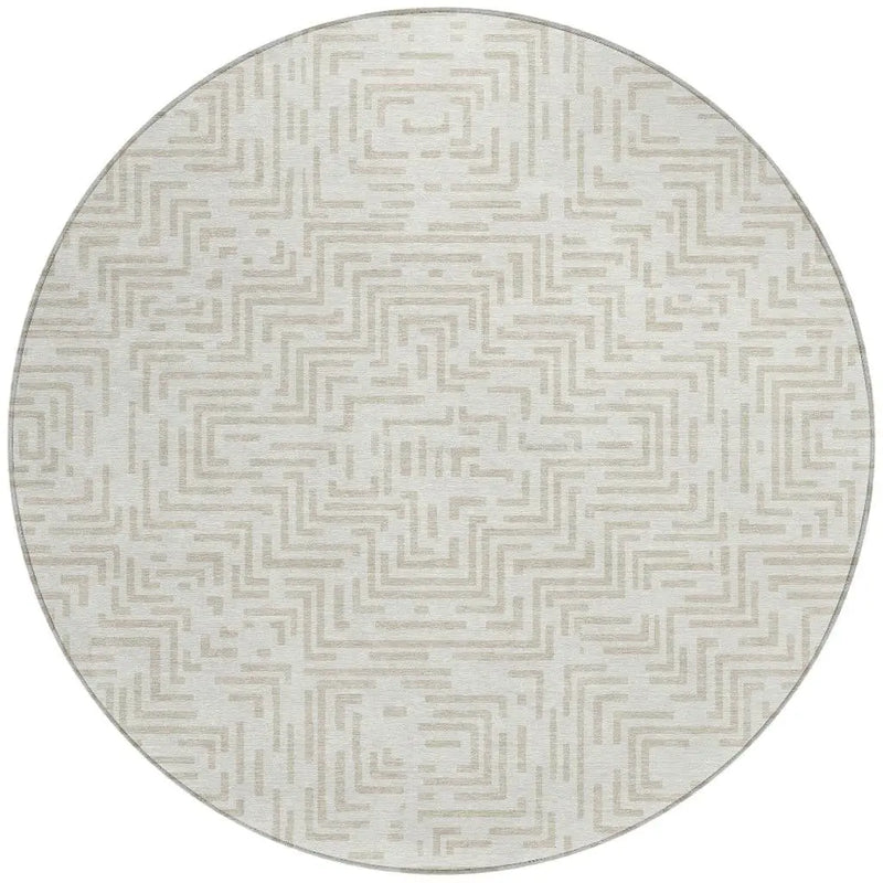 8' Ivory And Sky Blue Round Geometric Washable Indoor Outdoor Area Rug Homeroots Outdoor