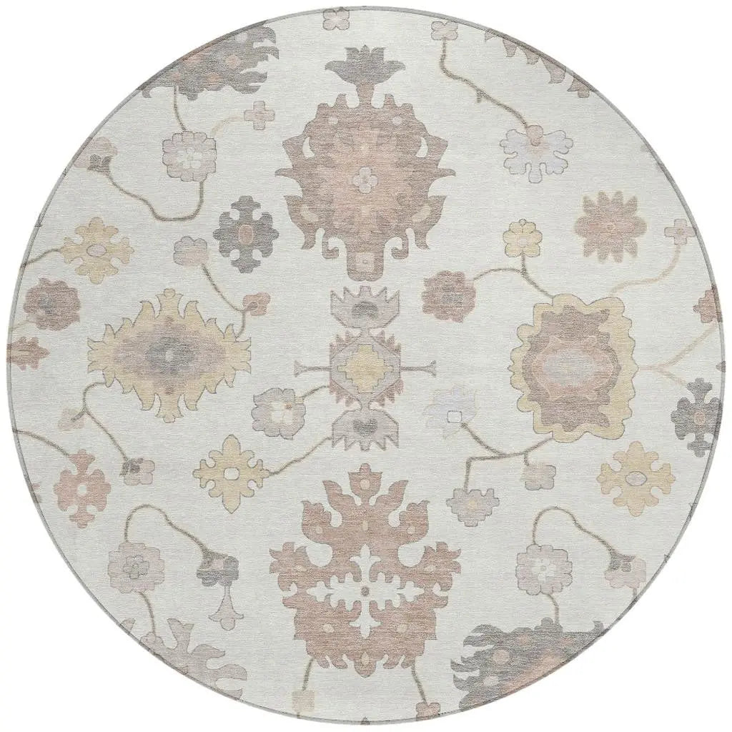 8' Ivory And Sky Blue Round Oriental Washable Indoor Outdoor Area Rug Homeroots Outdoor