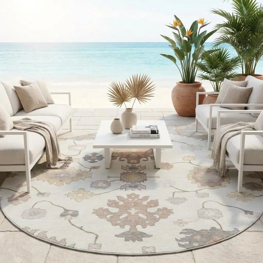 8' Ivory And Sky Blue Round Oriental Washable Indoor Outdoor Area Rug Homeroots Outdoor