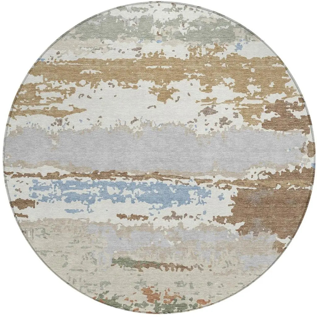 8' Ivory And Taupe Round Abstract Washable Indoor Outdoor Area Rug Homeroots Outdoor