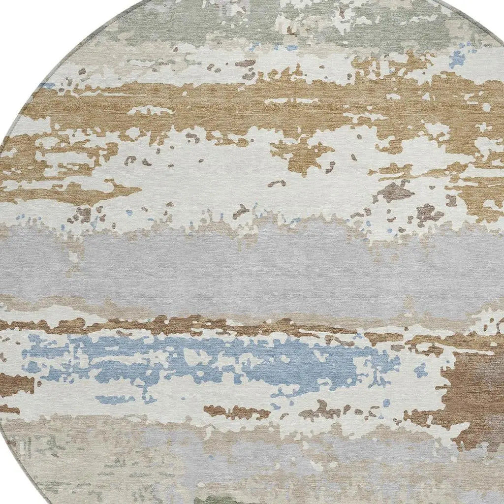 8' Ivory And Taupe Round Abstract Washable Indoor Outdoor Area Rug Homeroots Outdoor