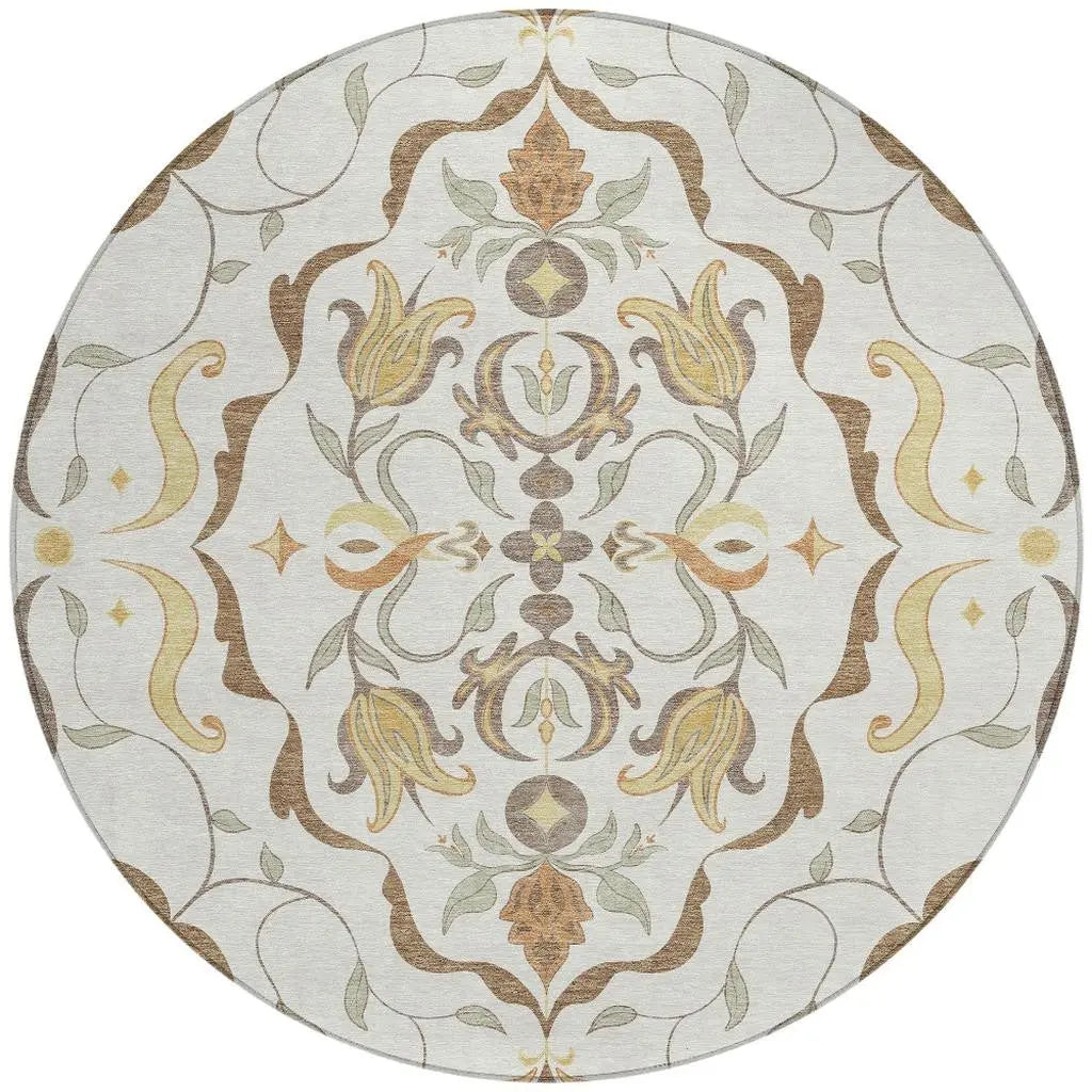 8' Ivory And Taupe Round Damask Washable Indoor Outdoor Area Rug Homeroots Outdoor