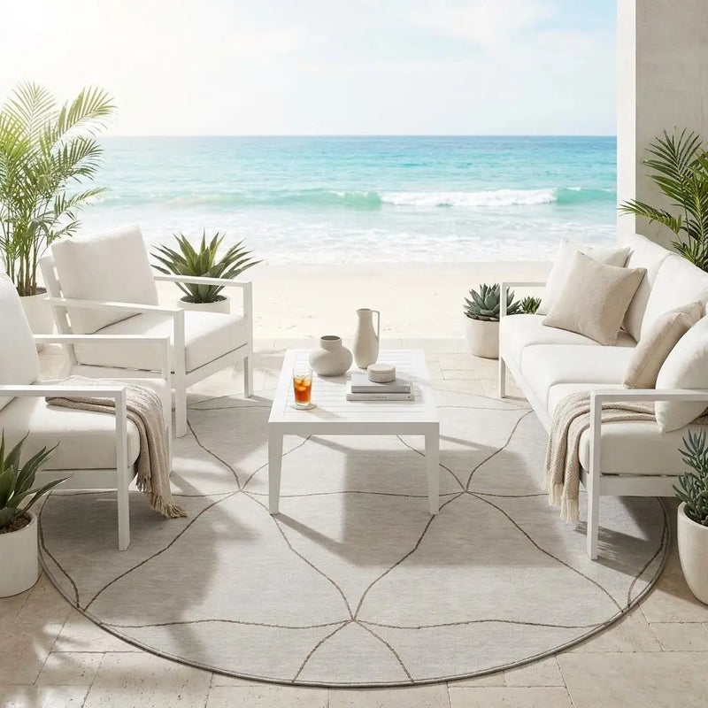 8' Ivory And Taupe Round Geometric Washable Indoor Outdoor Area Rug Homeroots Outdoor