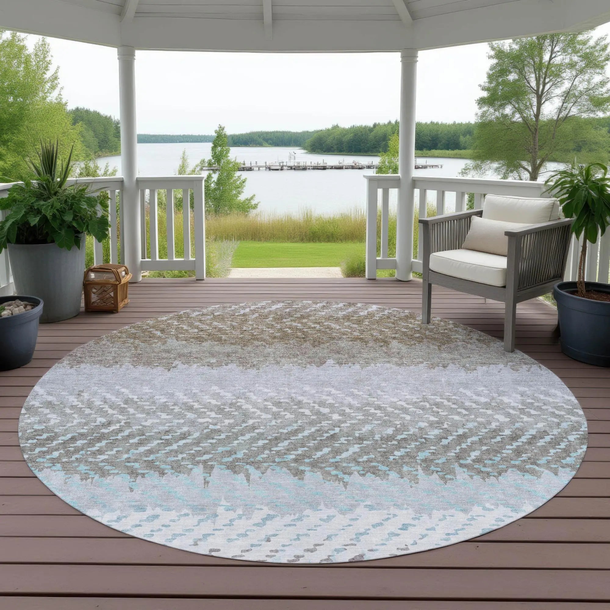 8' Ivory And Taupe Round Striped Washable Indoor Outdoor Area Rug Homeroots Outdoor
