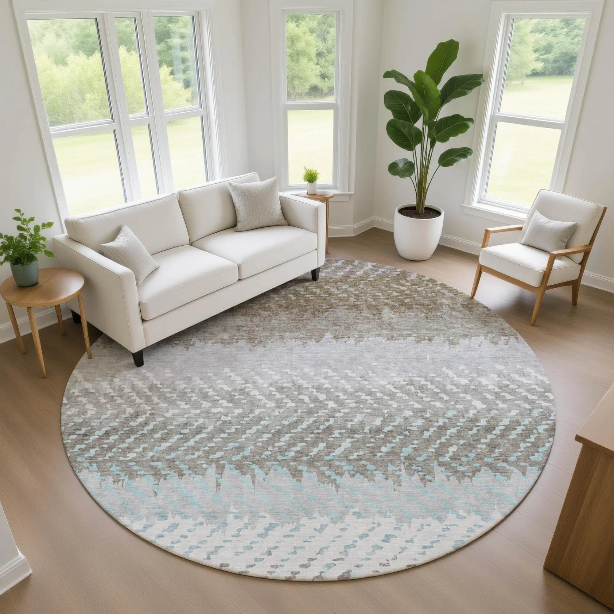 8' Ivory And Taupe Round Striped Washable Indoor Outdoor Area Rug Homeroots Outdoor