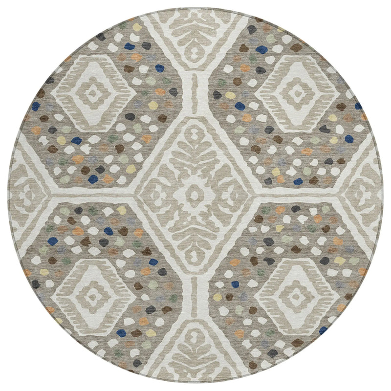 8' Ivory And Taupe Round Tribal Washable Indoor Outdoor Area Rug Homeroots Outdoor