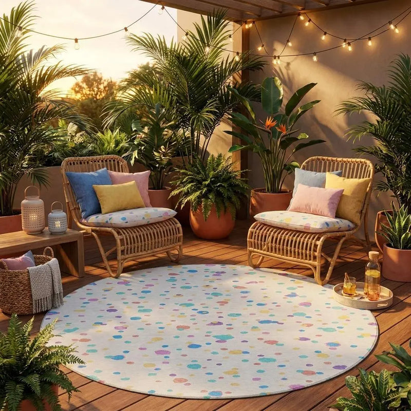 8' Ivory And Teal Blue Round Geometric Washable Indoor Outdoor Area Rug Homeroots Outdoor