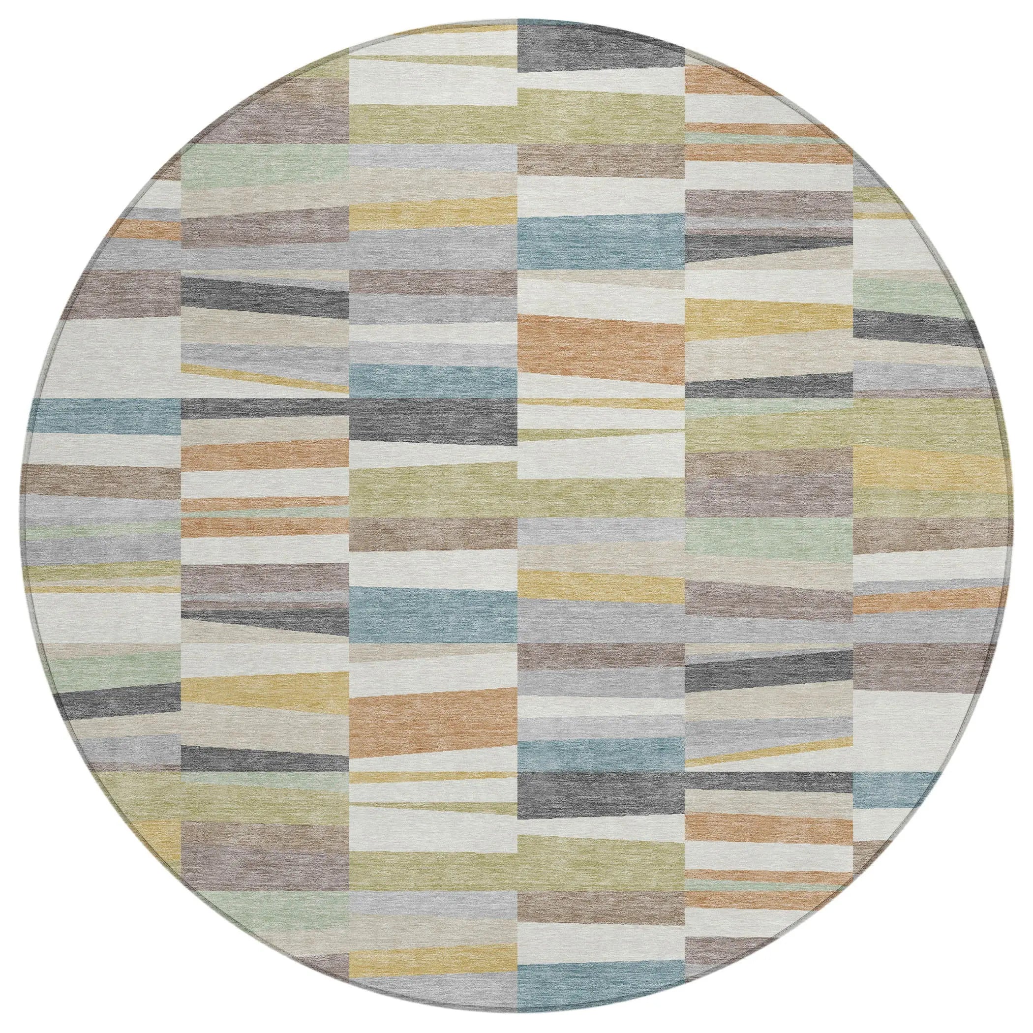 8' Ivory And Teal Blue Round Striped Washable Indoor Outdoor Area Rug Homeroots Outdoor