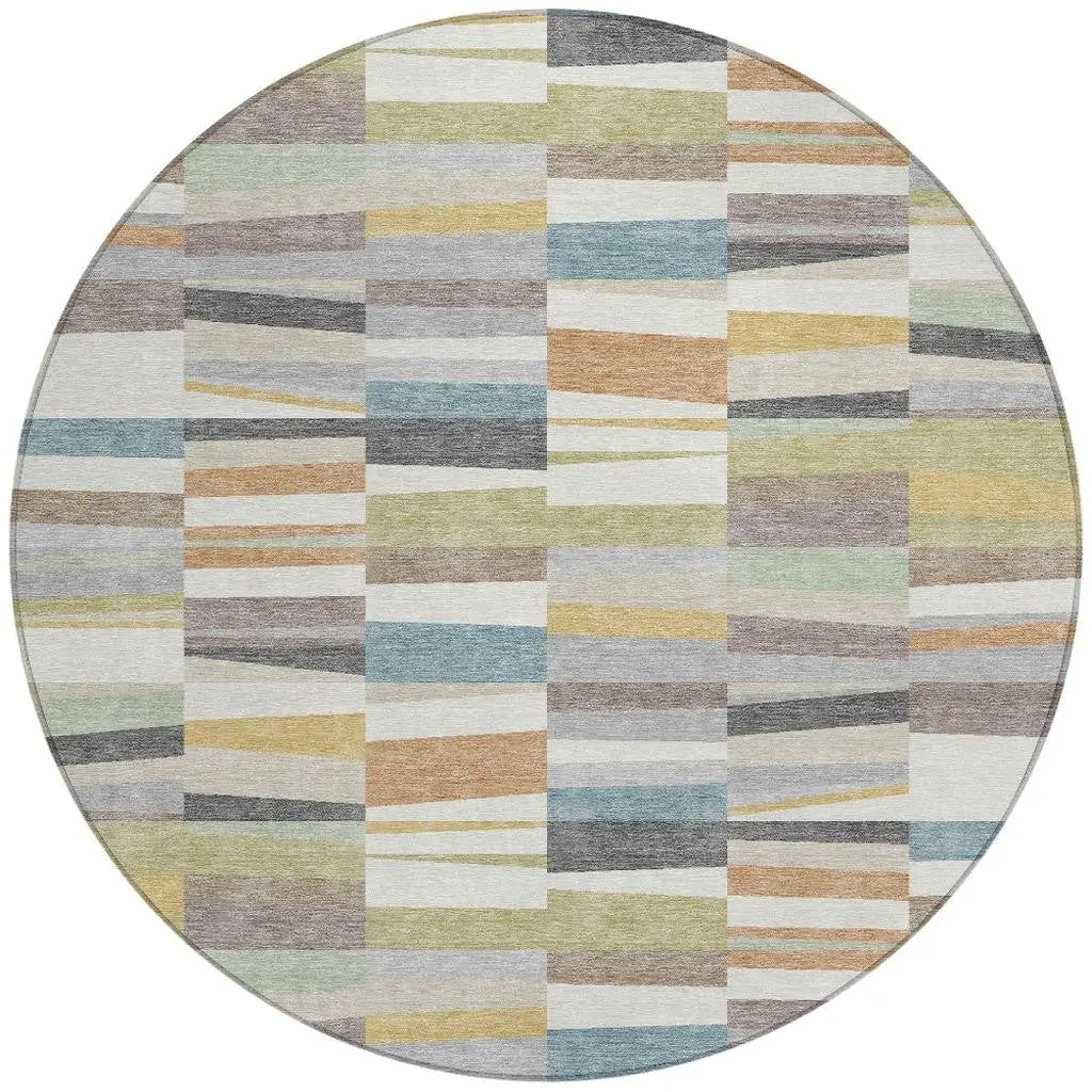 8' Ivory And Teal Blue Round Striped Washable Indoor Outdoor Area Rug Homeroots Outdoor