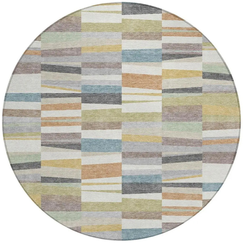 8' Ivory And Teal Blue Round Striped Washable Indoor Outdoor Area Rug Homeroots Outdoor