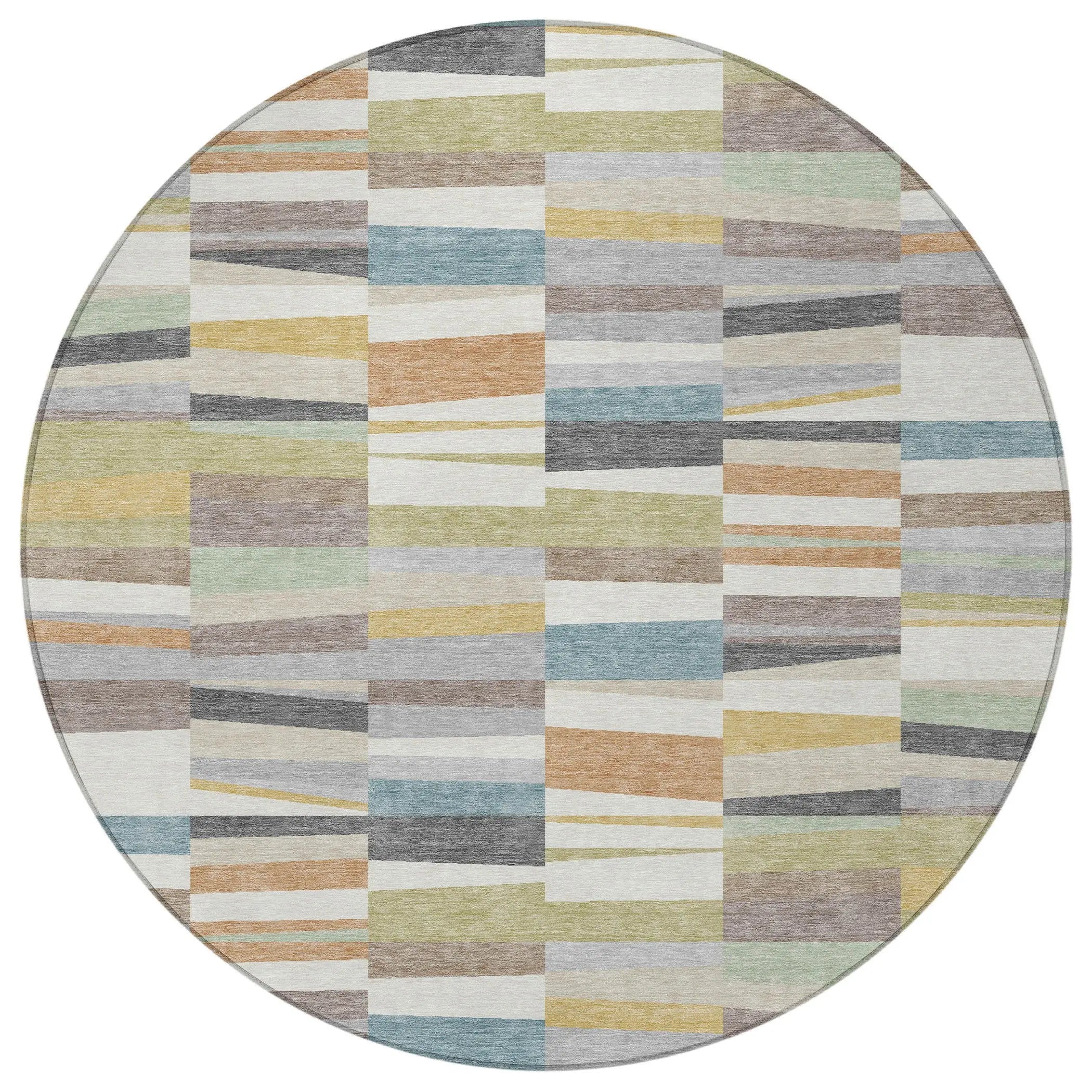 8' Ivory And Teal Blue Round Striped Washable Indoor Outdoor Area Rug Homeroots Outdoor