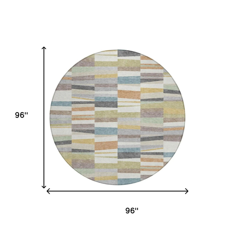 8' Ivory And Teal Blue Round Striped Washable Indoor Outdoor Area Rug Homeroots Outdoor