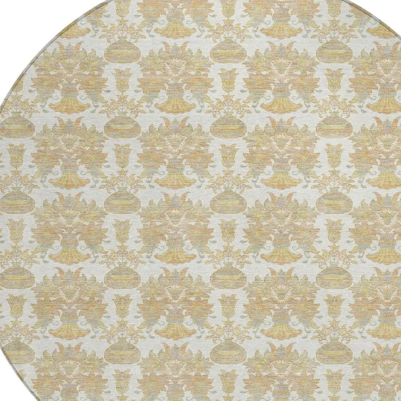 8' Ivory And Wheat Round Floral Washable Indoor Outdoor Area Rug Homeroots Outdoor