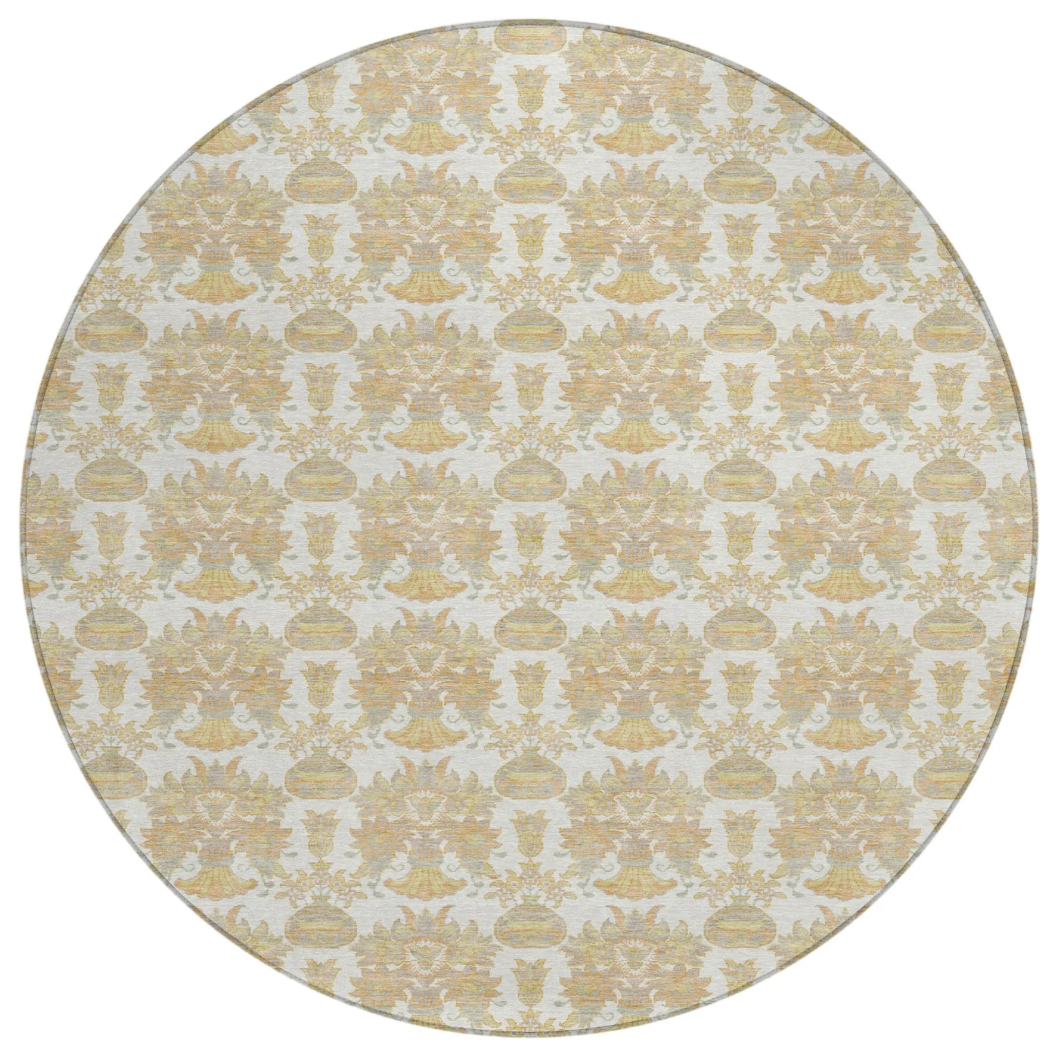 8' Ivory And Wheat Round Floral Washable Indoor Outdoor Area Rug Homeroots Outdoor