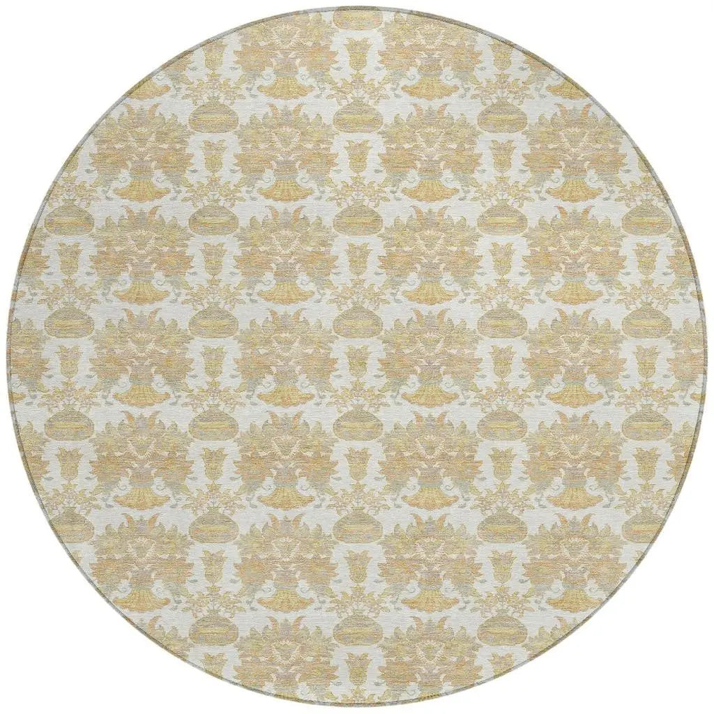 8' Ivory And Wheat Round Floral Washable Indoor Outdoor Area Rug Homeroots Outdoor