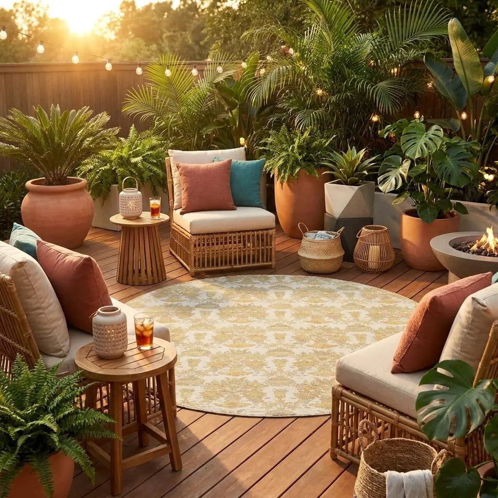 8' Ivory And Wheat Round Floral Washable Indoor Outdoor Area Rug Homeroots Outdoor
