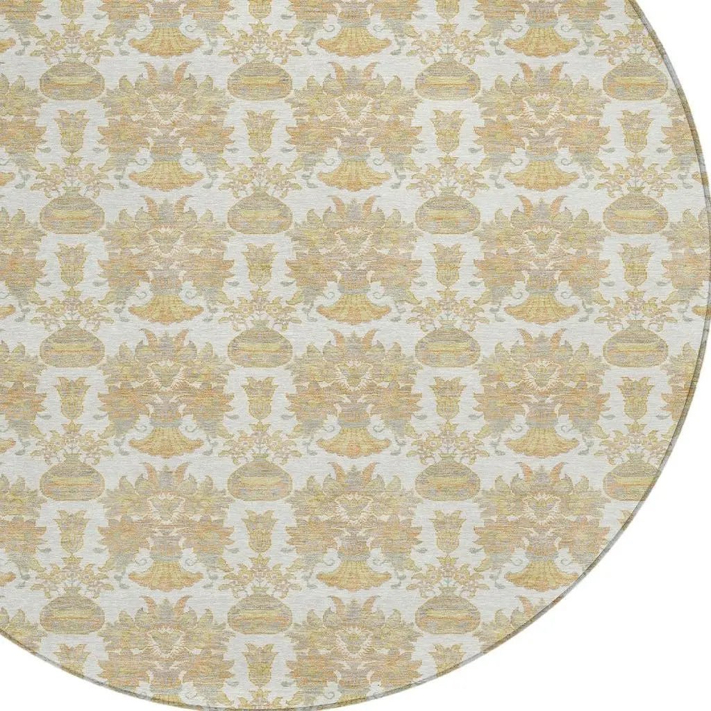 8' Ivory And Wheat Round Floral Washable Indoor Outdoor Area Rug Homeroots Outdoor