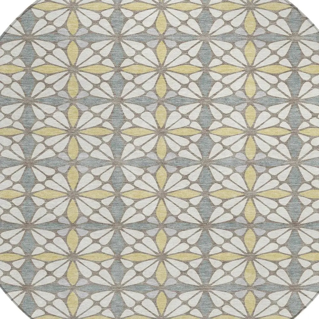 8' Ivory And Wheat Round Geometric Washable Indoor Outdoor Area Rug Homeroots Outdoor