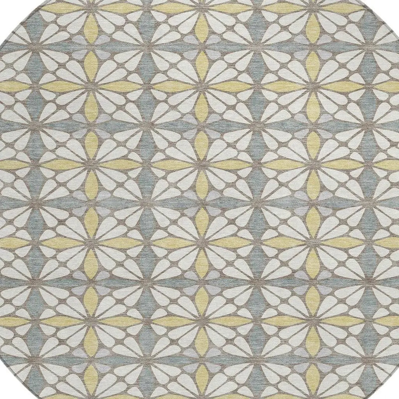 8' Ivory And Wheat Round Geometric Washable Indoor Outdoor Area Rug Homeroots Outdoor