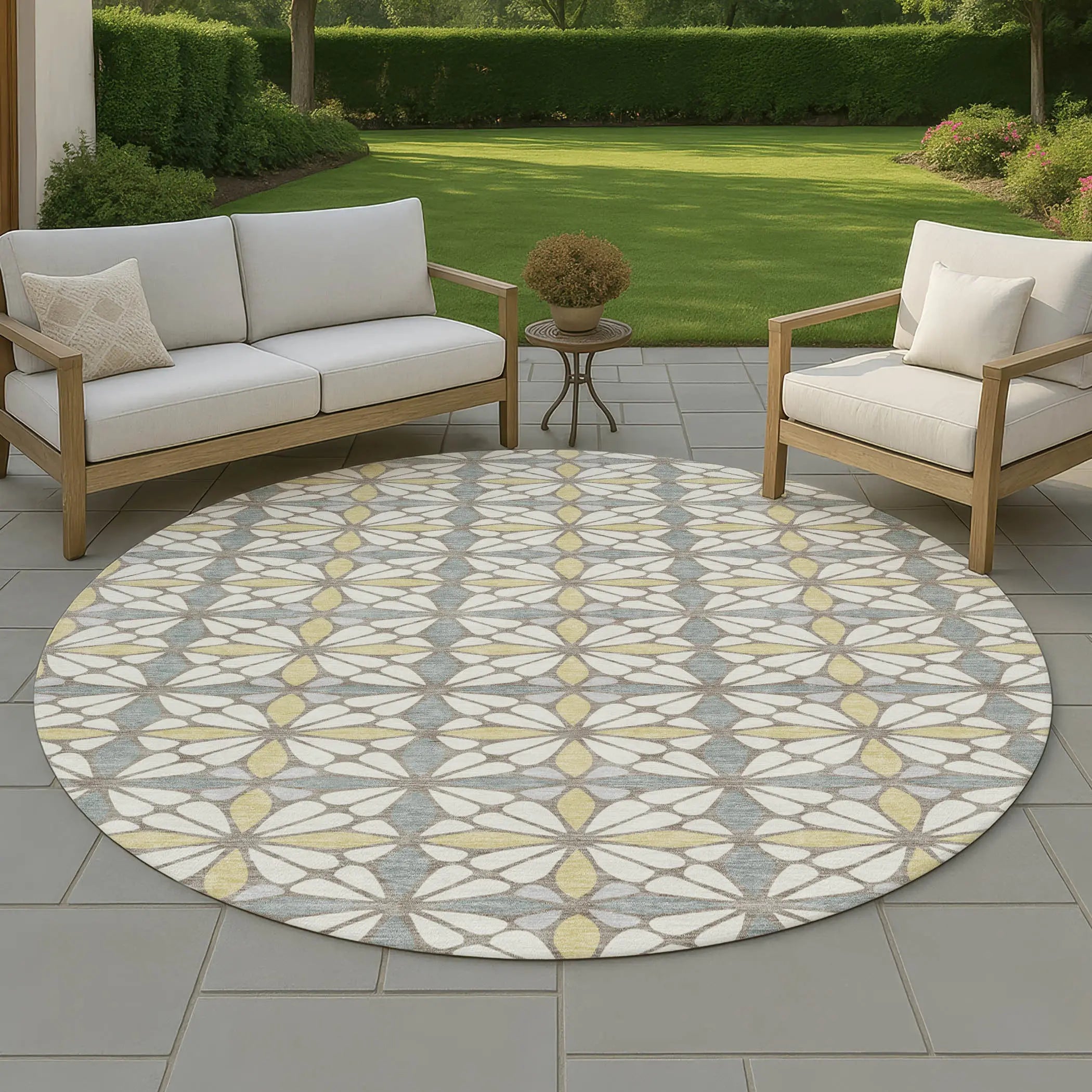 8' Ivory And Wheat Round Geometric Washable Indoor Outdoor Area Rug Homeroots Outdoor