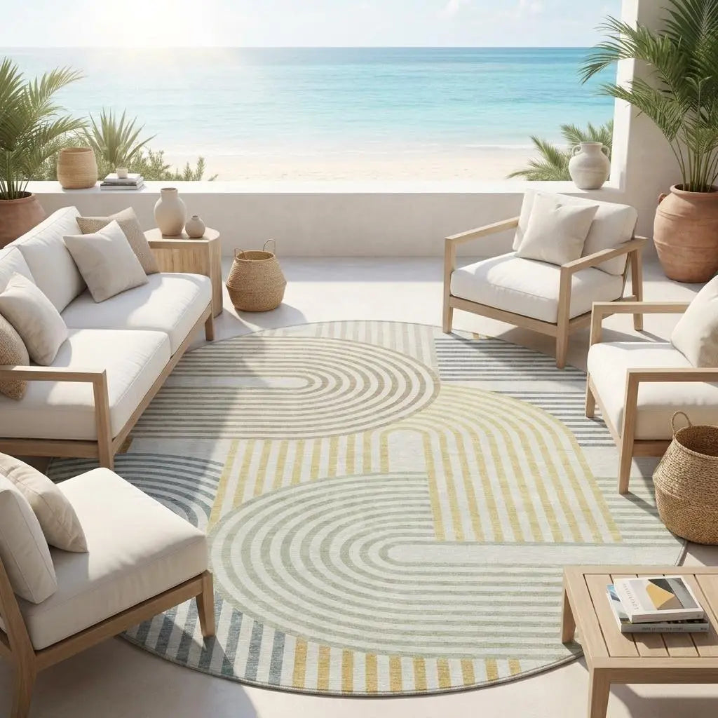 8' Ivory And Wheat Round Geometric Washable Indoor Outdoor Area Rug Homeroots Outdoor