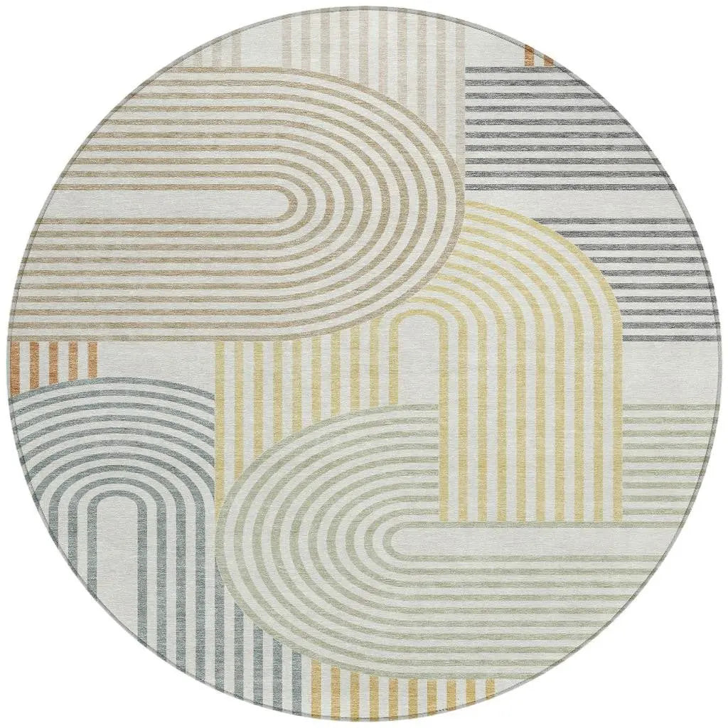 8' Ivory And Wheat Round Geometric Washable Indoor Outdoor Area Rug Homeroots Outdoor