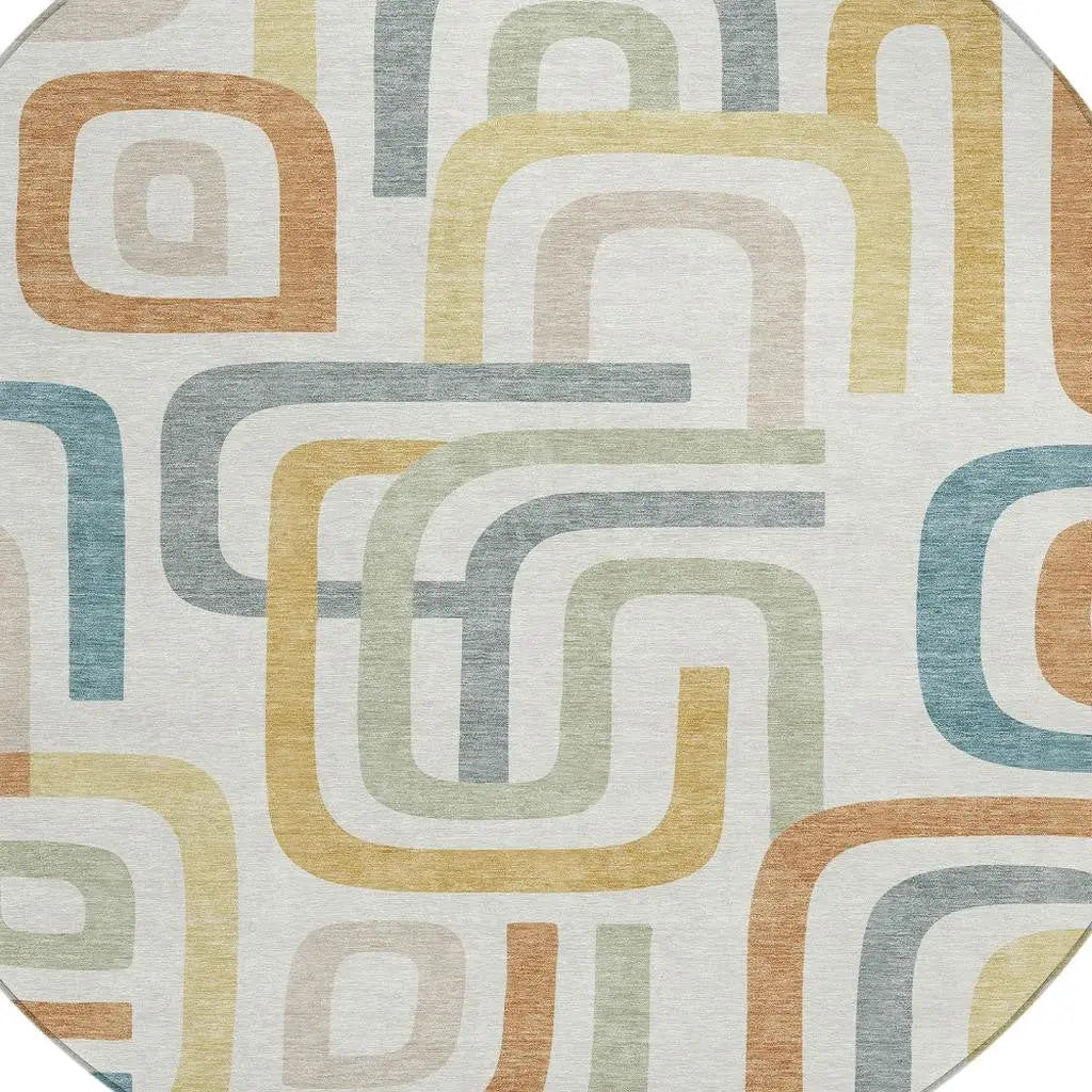 8' Ivory And Wheat Round Geometric Washable Indoor Outdoor Area Rug Homeroots Outdoor