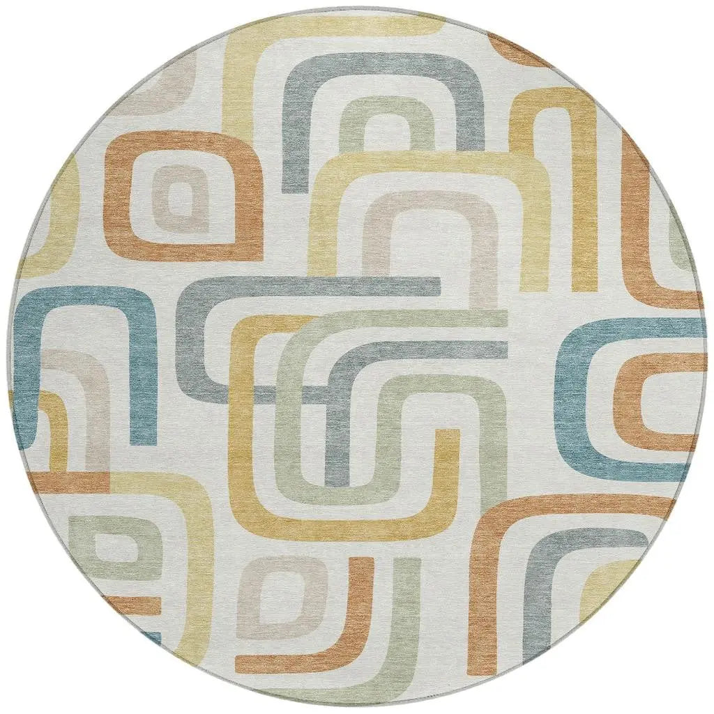 8' Ivory And Wheat Round Geometric Washable Indoor Outdoor Area Rug Homeroots Outdoor