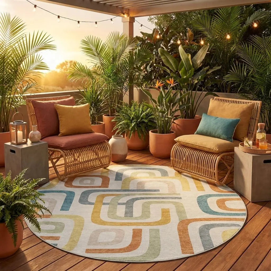 8' Ivory And Wheat Round Geometric Washable Indoor Outdoor Area Rug Homeroots Outdoor