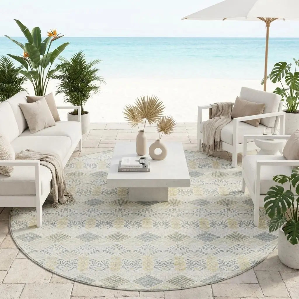 8' Ivory And Wheat Round Geometric Washable Indoor Outdoor Area Rug Homeroots Outdoor