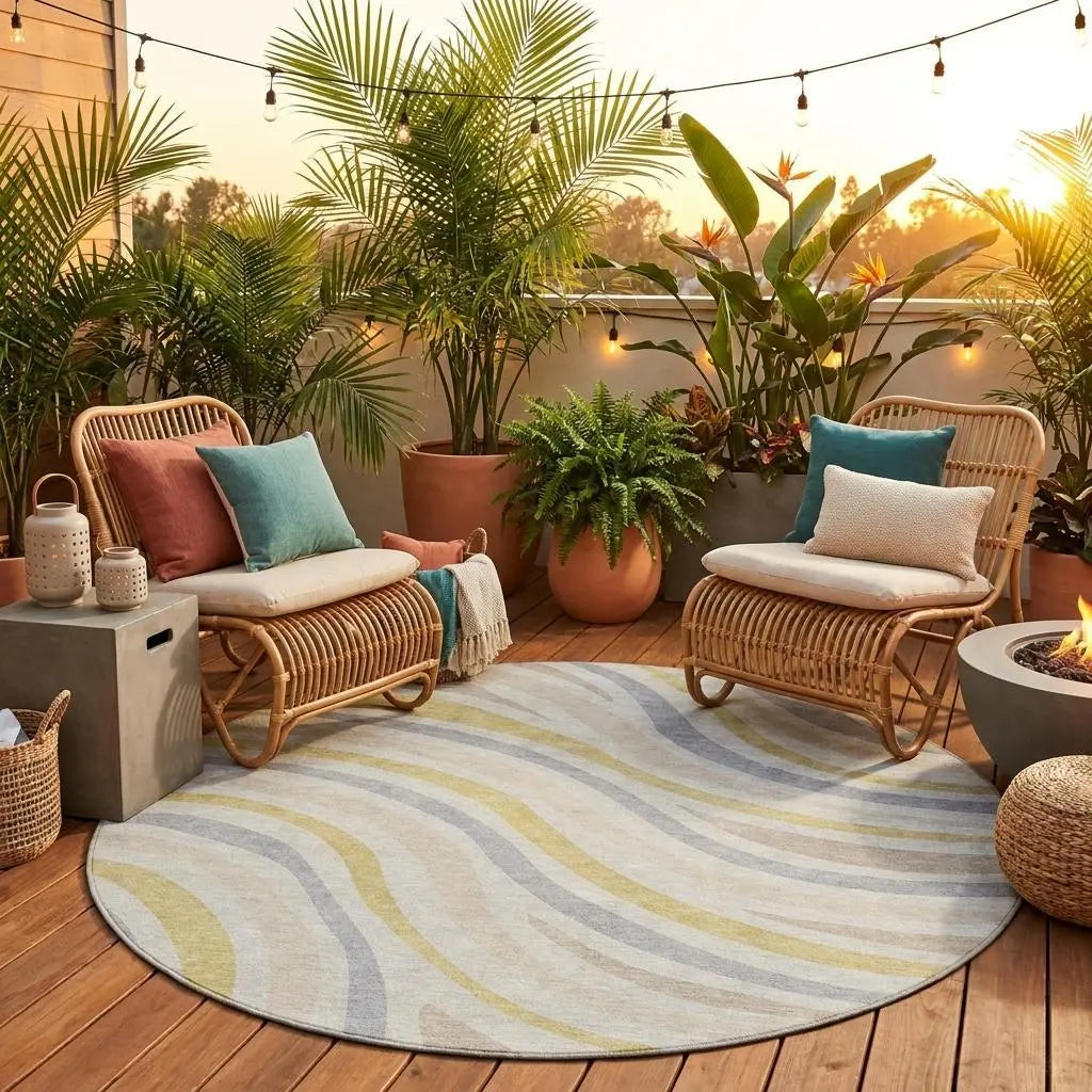 8' Ivory And Wheat Round Striped Washable Indoor Outdoor Area Rug Homeroots Outdoor