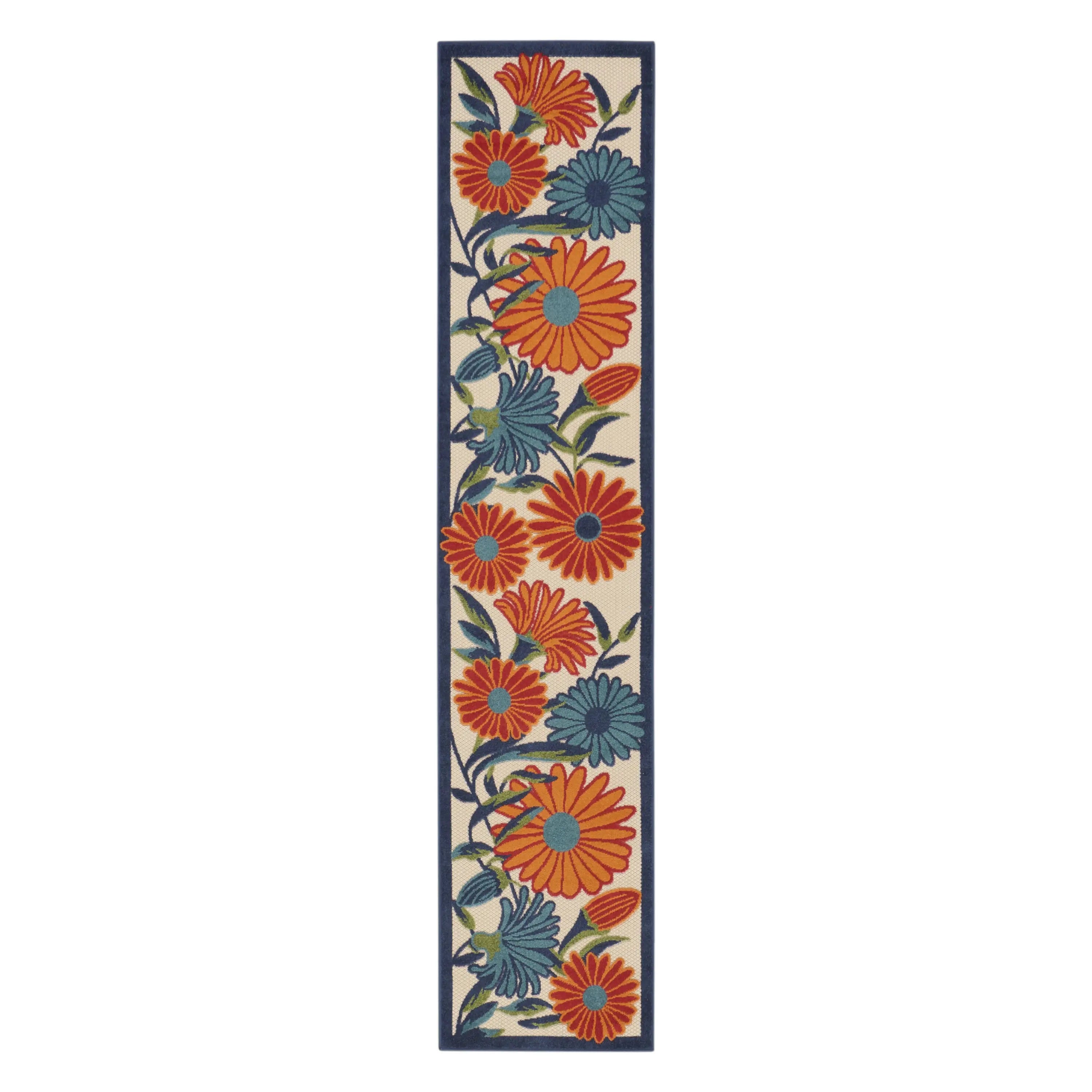 8' Ivory Blue And Orange Floral Indoor Outdoor Runner Rug Homeroots Outdoor