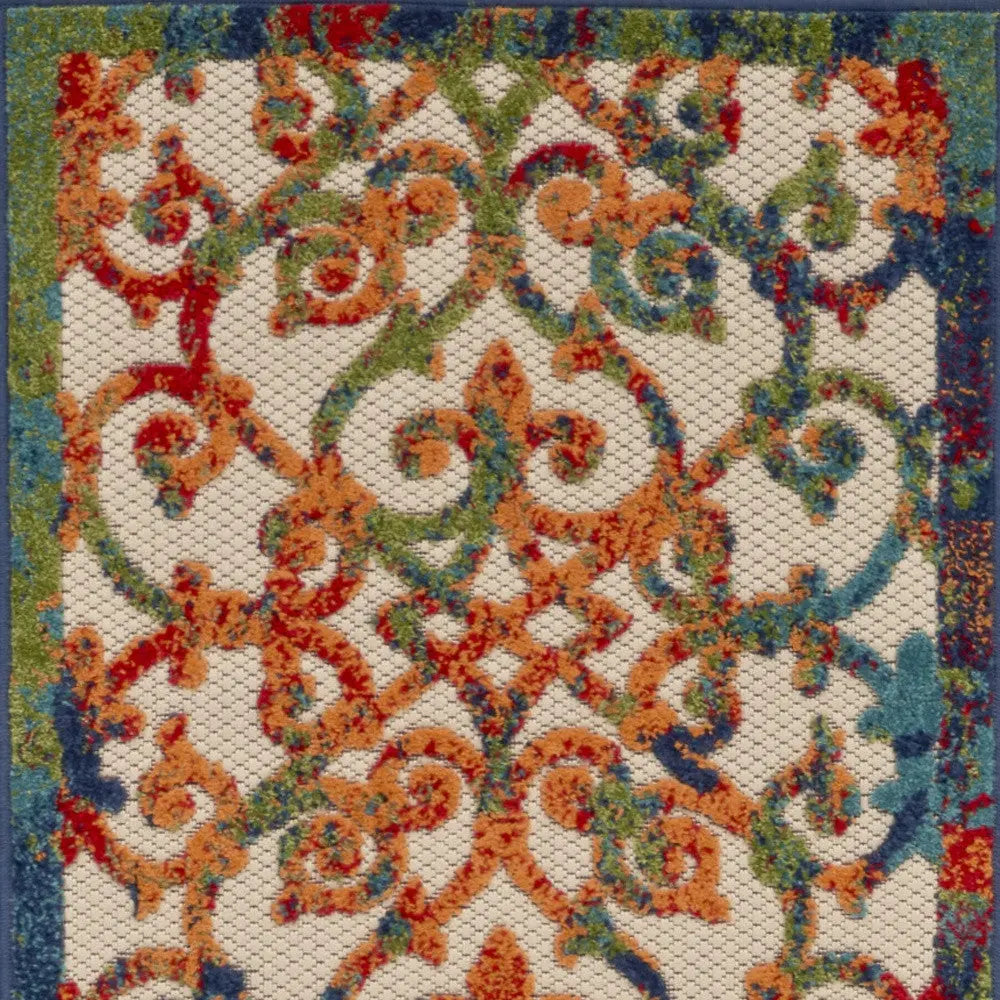 8' Ivory Blue Orange And Green Trellis Indoor Outdoor Runner Rug Homeroots Outdoor