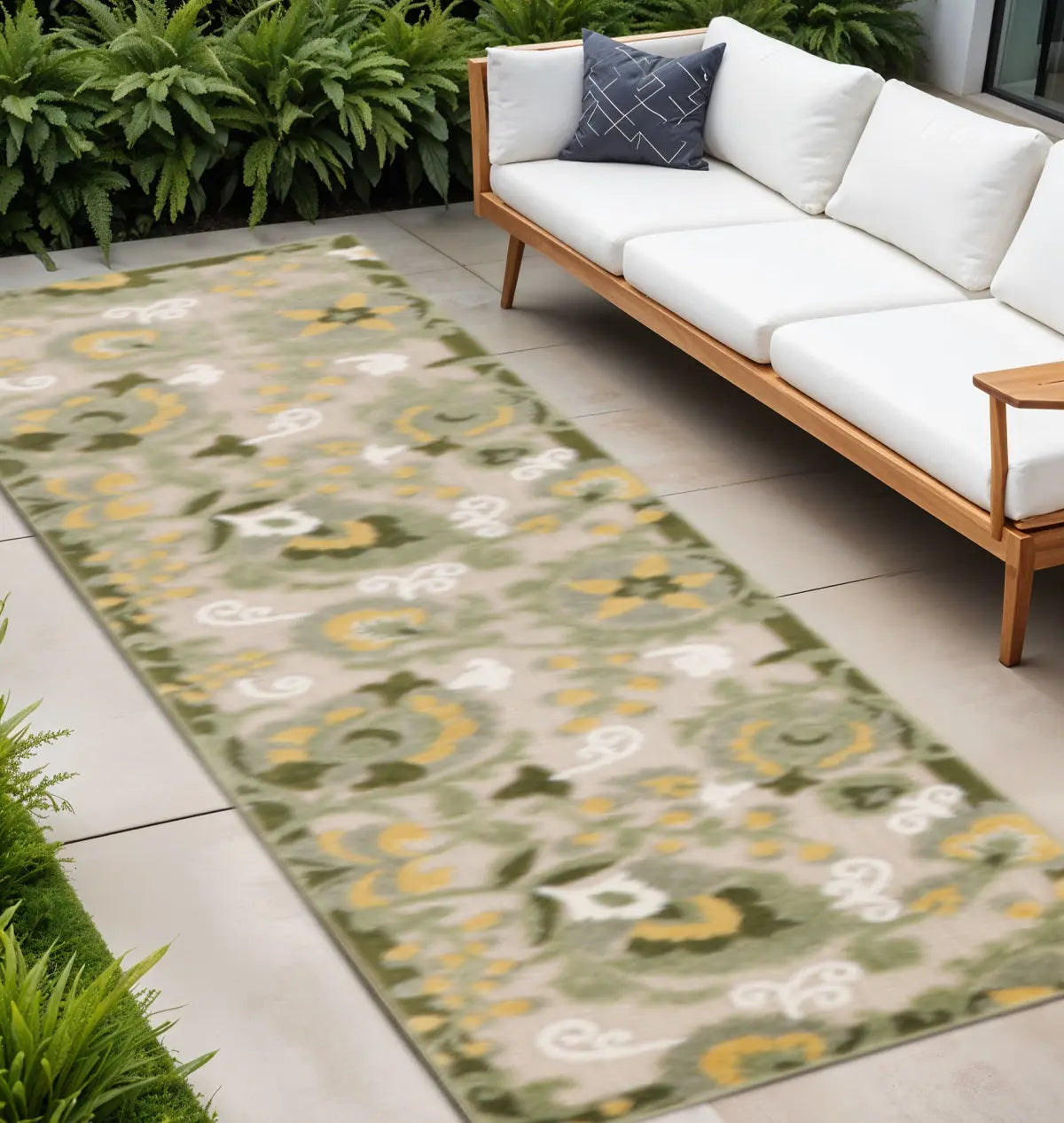 8' Ivory Dark Green And Yellow Floral Indoor Outdoor Runner Rug Homeroots Outdoor