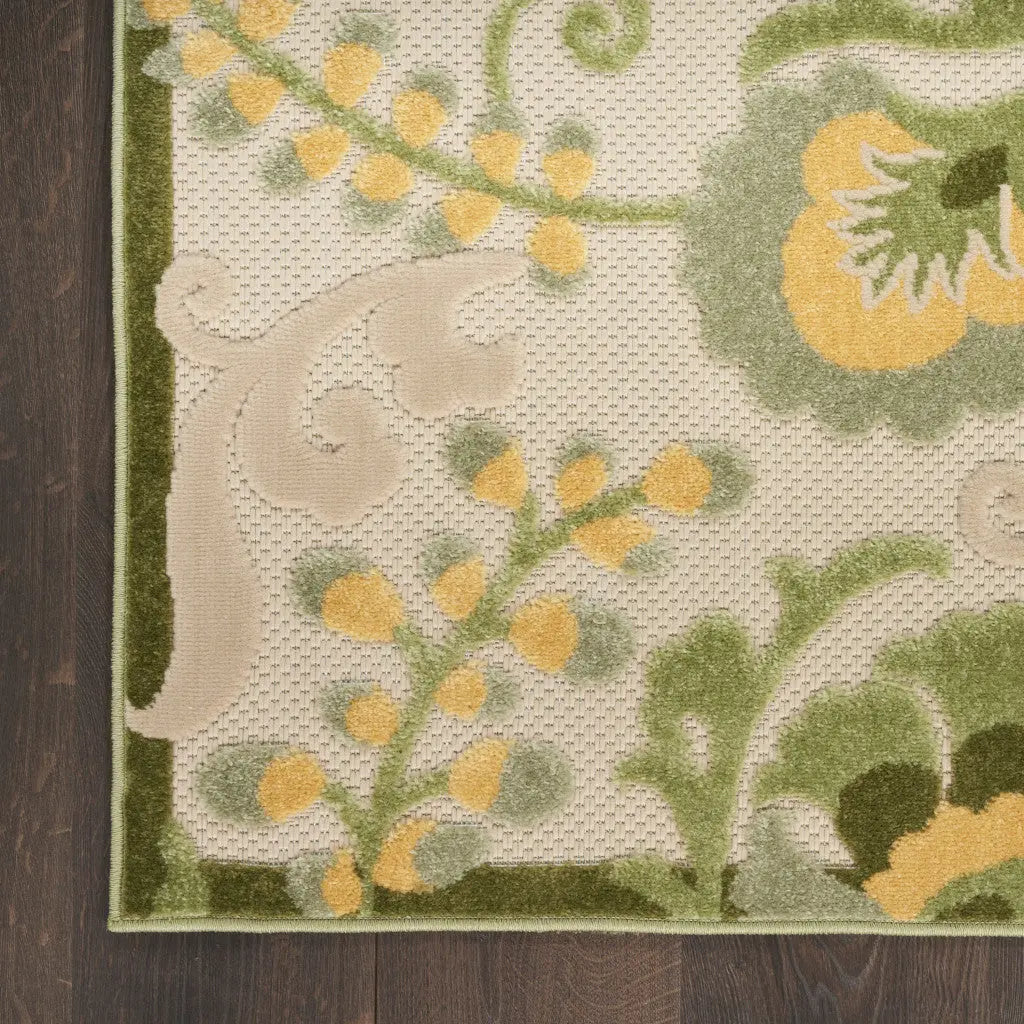 8' Ivory Dark Green And Yellow Floral Indoor Outdoor Runner Rug Homeroots Outdoor