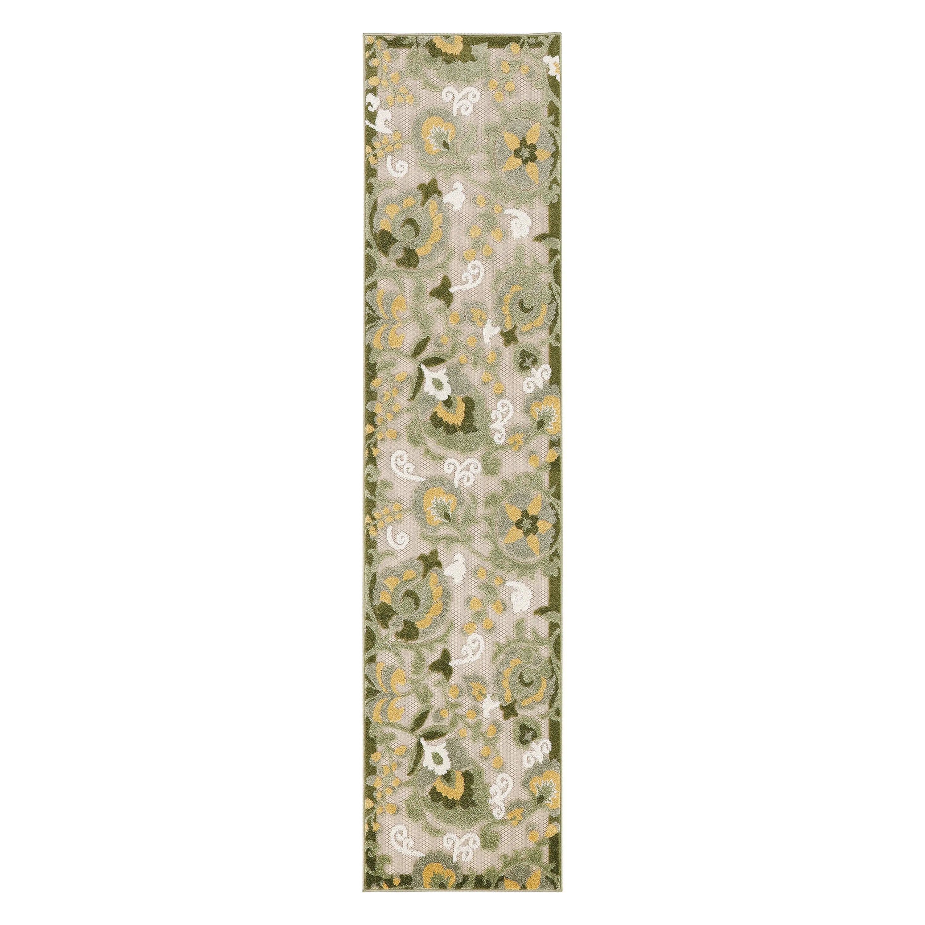 8' Ivory Dark Green And Yellow Floral Indoor Outdoor Runner Rug Homeroots Outdoor