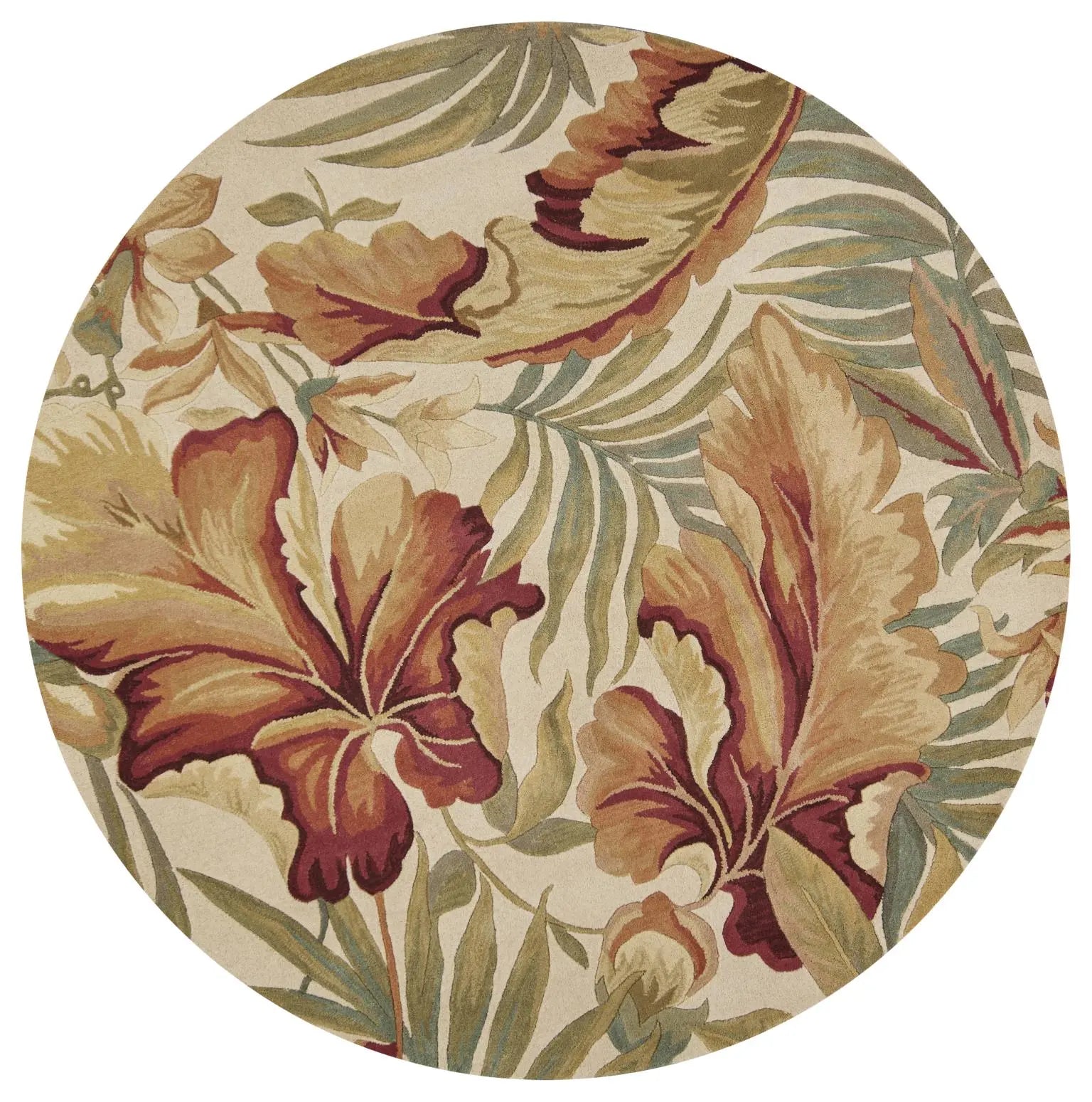 8' Ivory Green And Red Wool Tropical Botanical Hand Tufted Round Rug Homeroots Home Decor