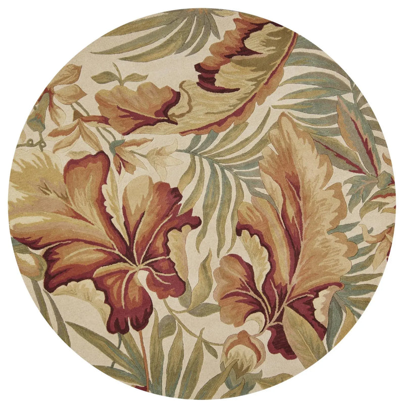 8' Ivory Green And Red Wool Tropical Botanical Hand Tufted Round Rug Homeroots Home Decor