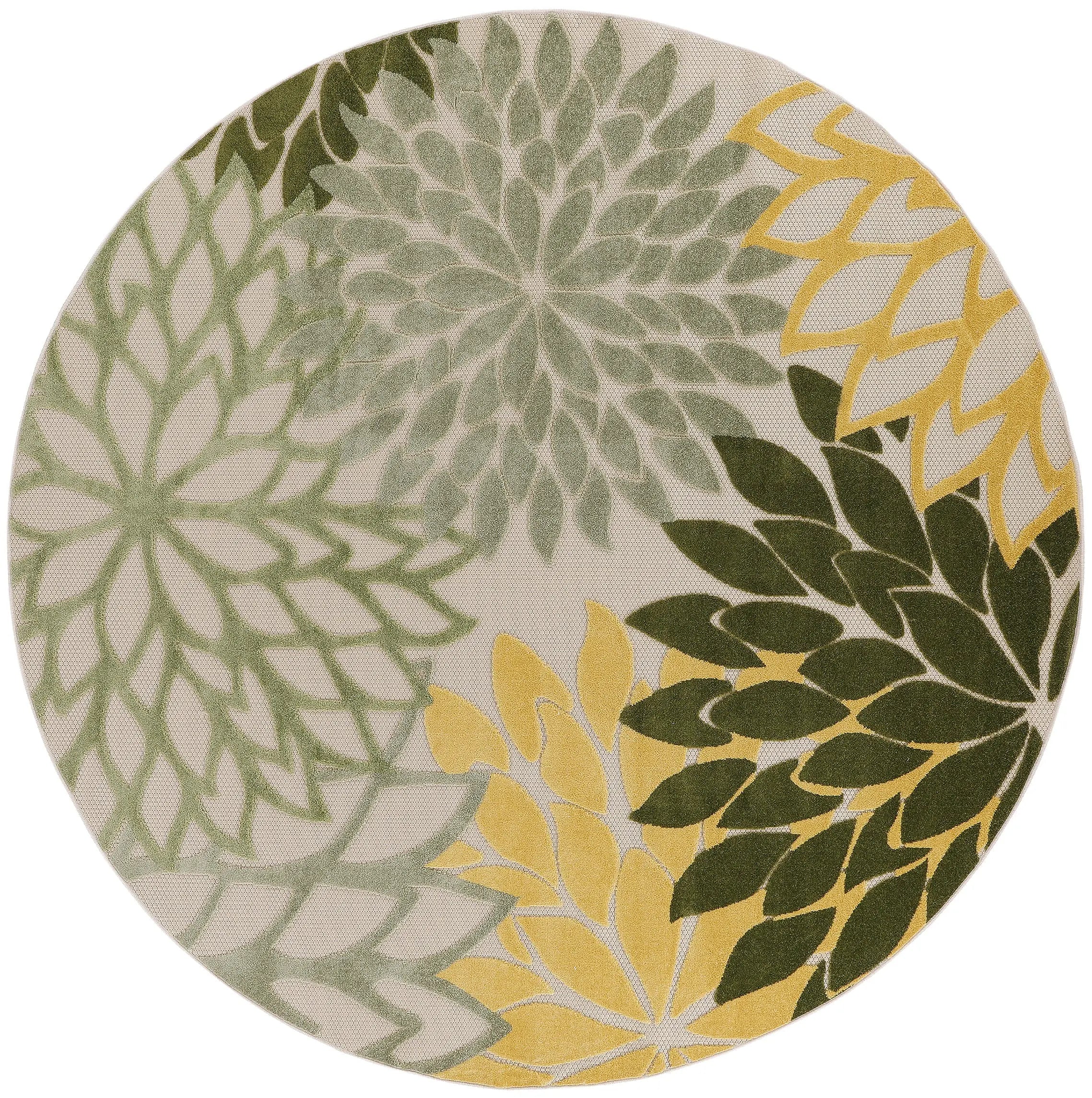 8' Ivory Green And Yellow Round Floral Indoor Outdoor Area Rug Homeroots Outdoor