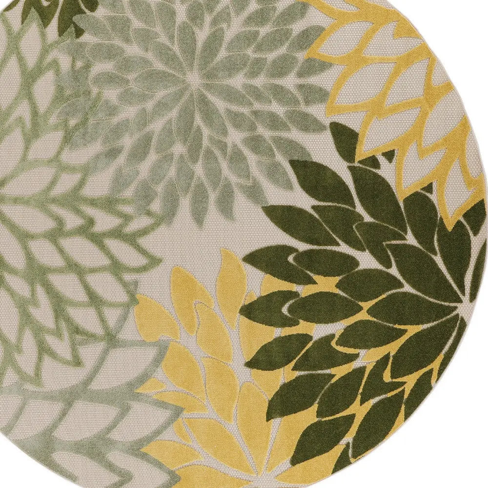 8' Ivory Green And Yellow Round Floral Indoor Outdoor Area Rug Homeroots Outdoor